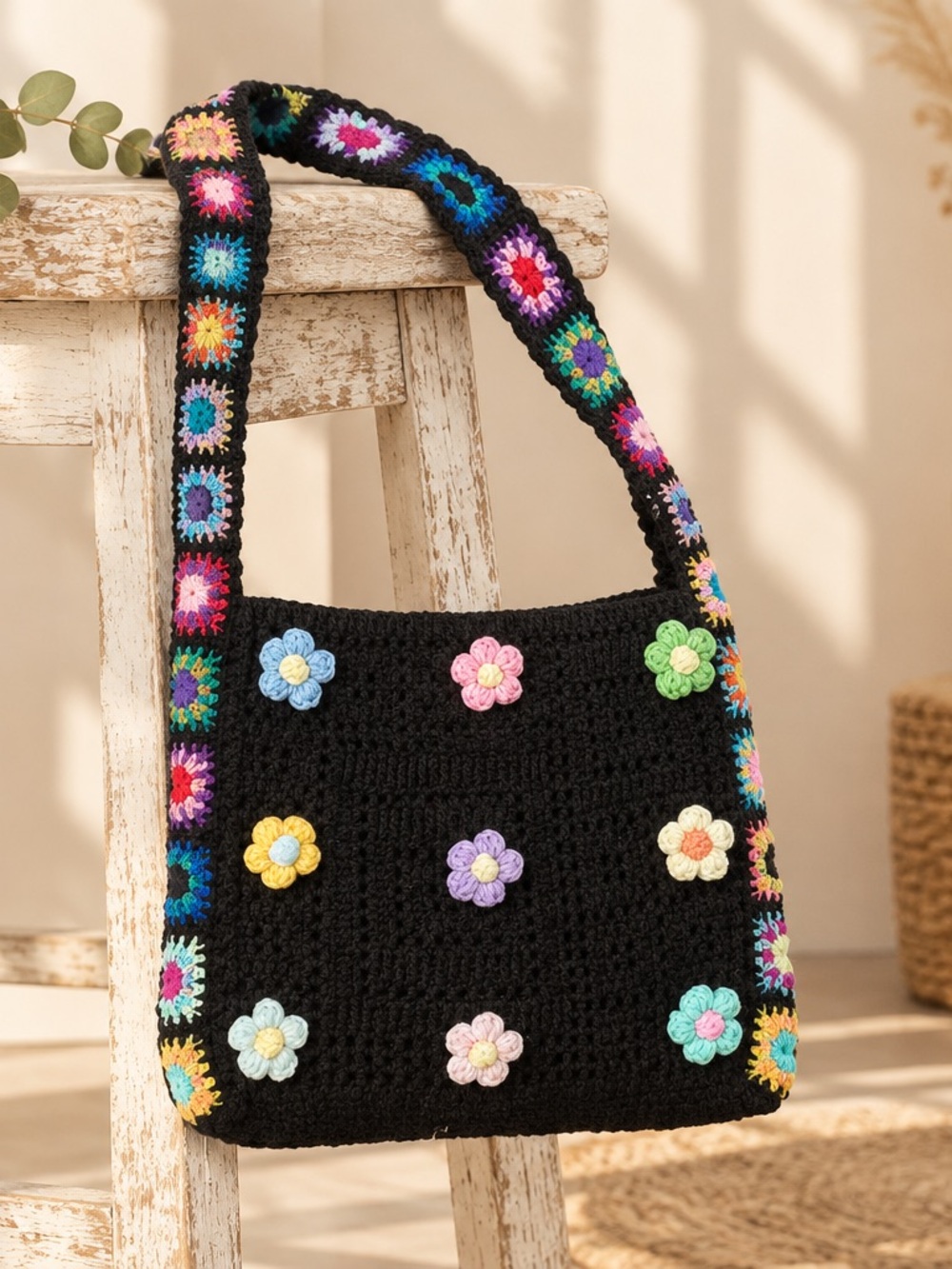 Handmade Black Crochet Flower Shoulder Bag with Multicolor Accents